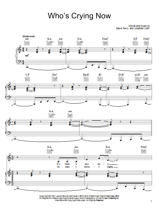 Learn to play Journey Who's Crying Now sheet music for Guitar Tab in minutes. Price: 7.8900$ Journey Who's Crying Now sheet music notes and chords arranged for Guitar Tab
