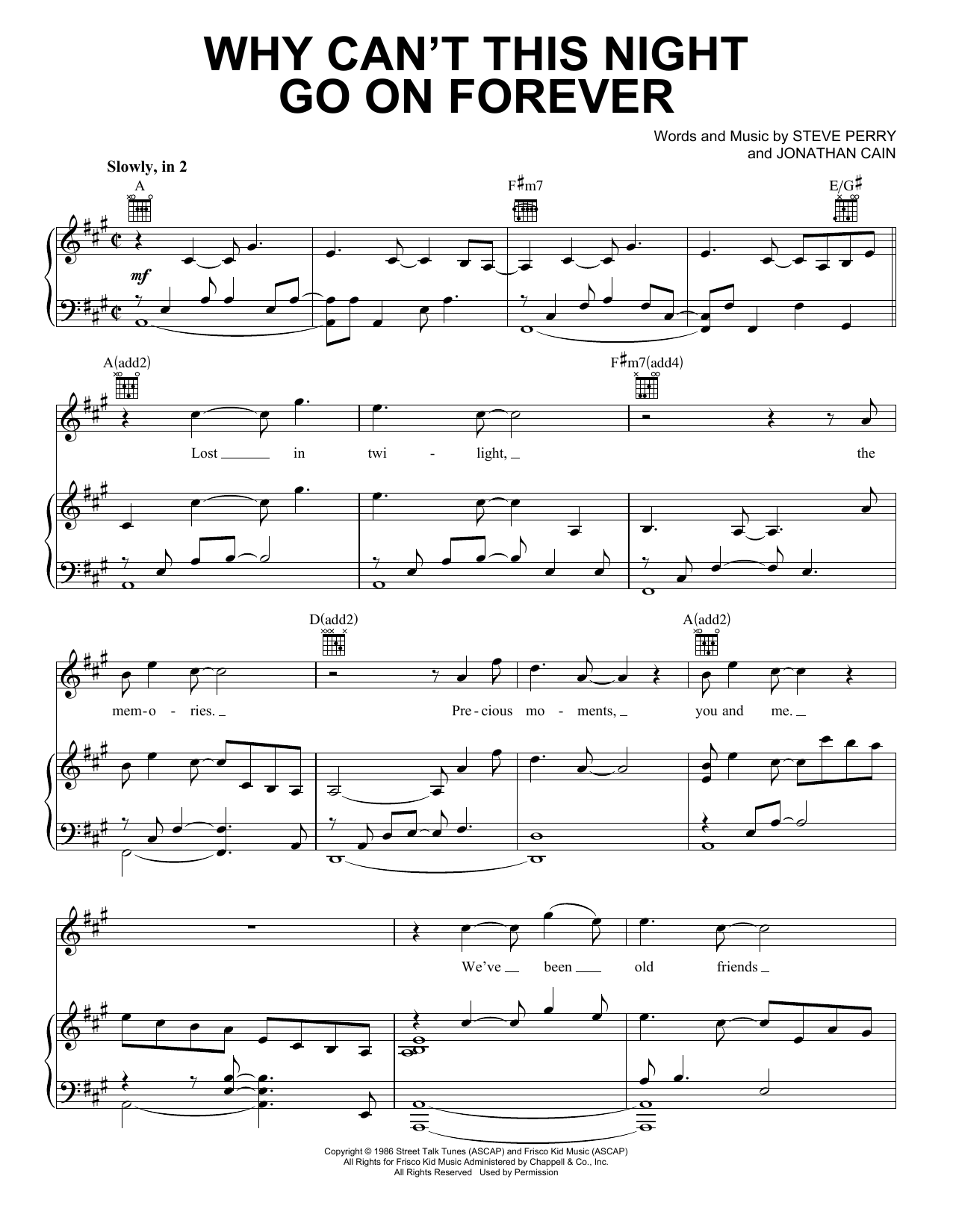 Learn to play Journey Why Can't This Night Go On Forever sheet music for Piano, Vocal & Guitar Chords (Right-Hand Melody) in minutes. Price: 6.9900$ Journey Why Can't This Night Go On Forever sheet music notes and chords arranged for Piano, Vocal & Guitar Chords (Right-Hand Melody)