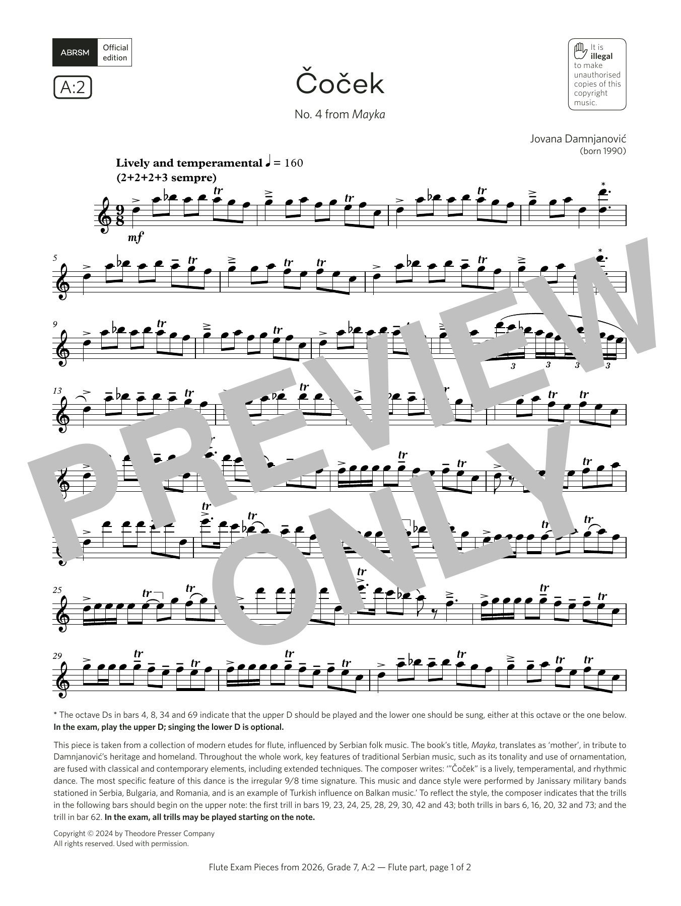 Learn to play Jovana Damnjanovic Čoček (Grade 7, list A2, from the ABRSM Flute Syllabus from 2026) sheet music for Flute Solo in minutes. Price: 6.9900$ Jovana Damnjanovic Čoček (Grade 7, list A2, from the ABRSM Flute Syllabus from 2026) sheet music notes and chords arranged for Flute Solo