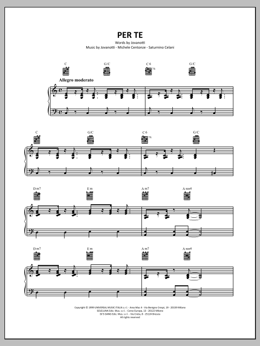 Jovanotti Per Te sheet music notes and chords. Download Printable PDF.