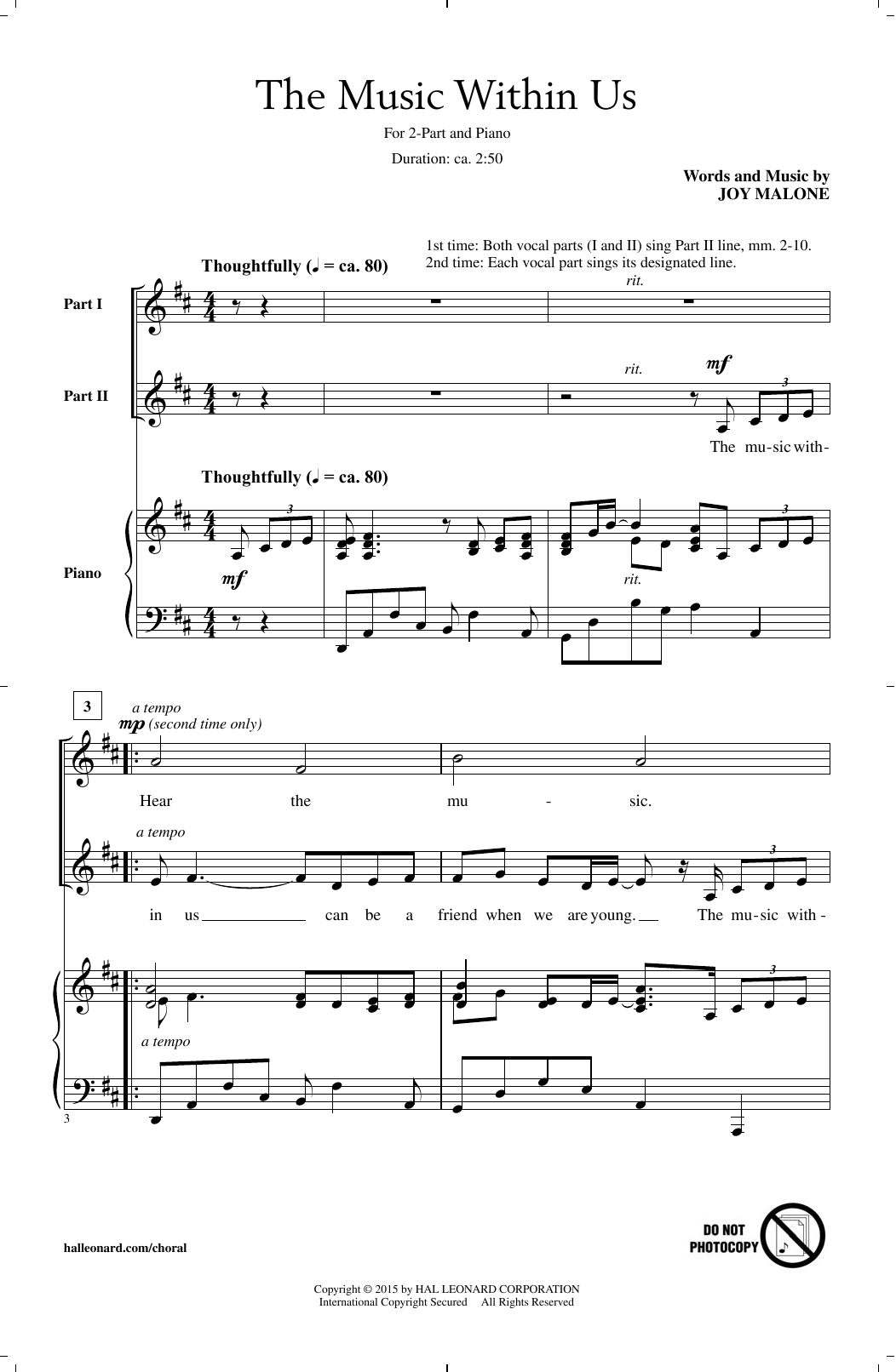 Learn to play Joy Malone The Music Within Us sheet music for 2-Part Choir in minutes. Price: 3.9900$ Joy Malone The Music Within Us sheet music notes and chords arranged for 2-Part Choir
