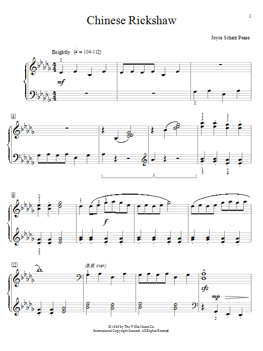 Learn to play Joyce Schatz Pease Chinese Rickshaw sheet music for Educational Piano in minutes. Price: 6.9900$ Joyce Schatz Pease Chinese Rickshaw sheet music notes and chords arranged for Educational Piano