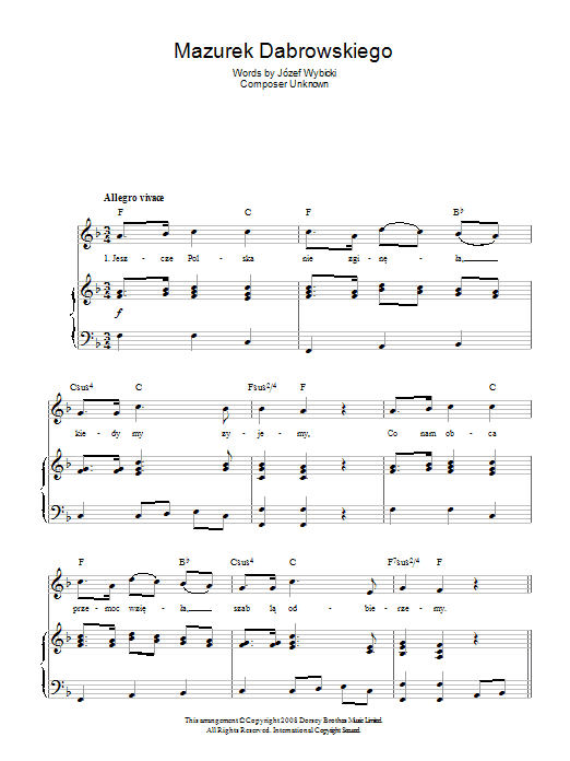 Learn to play Jozef Wybicki Mazurek Dabrowskiego (Polish National Anthem) sheet music for Piano, Vocal & Guitar Chords in minutes. Price: 7.8900$ Jozef Wybicki Mazurek Dabrowskiego (Polish National Anthem) sheet music notes and chords arranged for Piano, Vocal & Guitar Chords