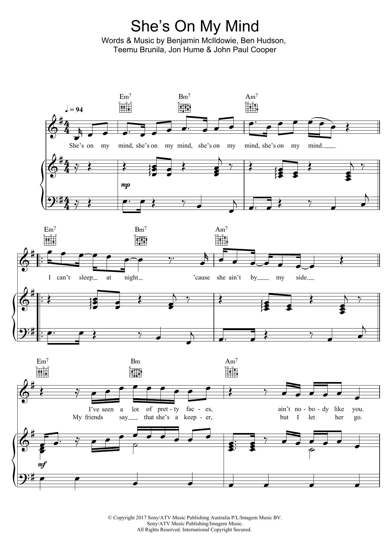 Learn to play JP Cooper She's On My Mind sheet music for Piano, Vocal & Guitar Chords in minutes. Price: 7.8900$ JP Cooper She's On My Mind sheet music notes and chords arranged for Piano, Vocal & Guitar Chords