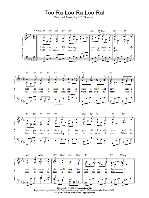 James R. Shannon Too-Ra-Loo-Ra-Loo-Ral (That's An Irish Lullaby) sheet music notes and chords arranged for Piano, Vocal & Guitar Chords