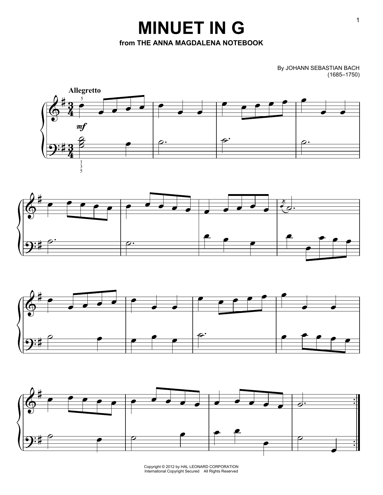 J.S. Bach Minuet In G sheet music notes and chords arranged for Ukulele