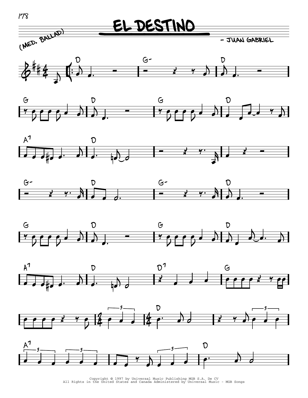 Learn to play Juan Gabriel El Destino sheet music for Real Book – Melody & Chords in minutes. Price: 5.9900$ Juan Gabriel El Destino sheet music notes and chords arranged for Real Book – Melody & Chords