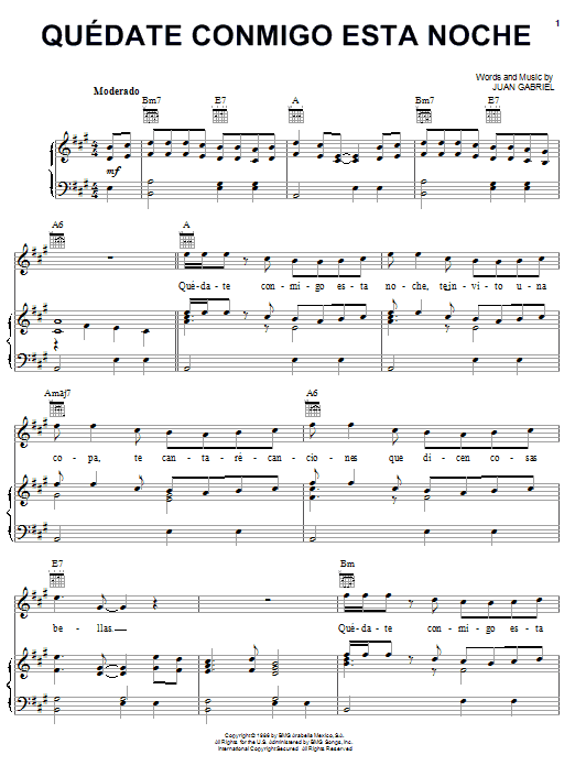 Learn to play Juan Gabriel Quedate Conmigo Esta Noche sheet music for Real Book – Melody & Chords in minutes. Price: 5.9900$ Juan Gabriel Quedate Conmigo Esta Noche sheet music notes and chords arranged for Real Book – Melody & Chords