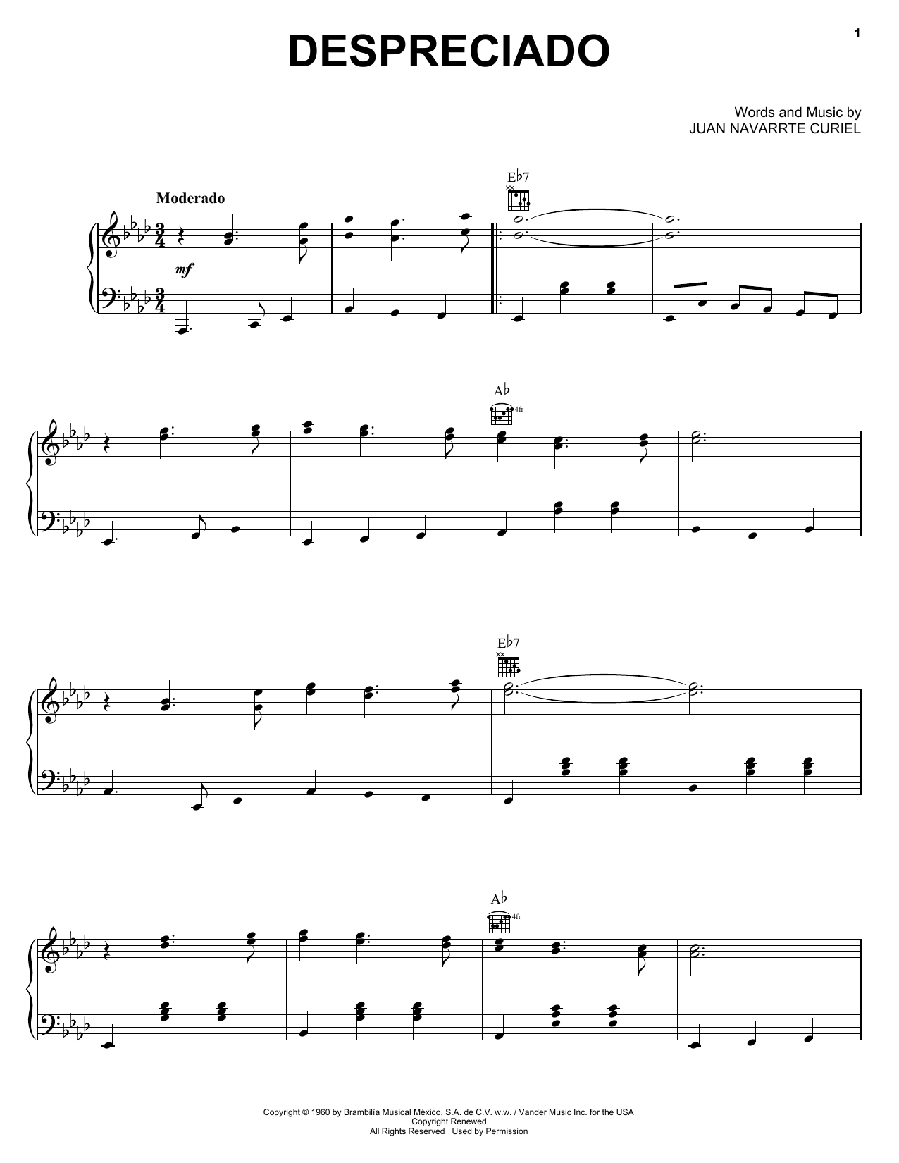 Learn to play Juan Navarrte Curiel Despreciado sheet music for Piano, Vocal & Guitar Chords (Right-Hand Melody) in minutes. Price: 7.8900$ Juan Navarrte Curiel Despreciado sheet music notes and chords arranged for Piano, Vocal & Guitar Chords (Right-Hand Melody)