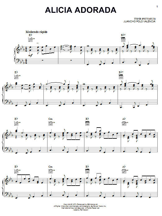 Learn to play Juancho Polo Valencia Alicia Adorada sheet music for Piano, Vocal & Guitar Chords (Right-Hand Melody) in minutes. Price: 7.8900$ Juancho Polo Valencia Alicia Adorada sheet music notes and chords arranged for Piano, Vocal & Guitar Chords (Right-Hand Melody)