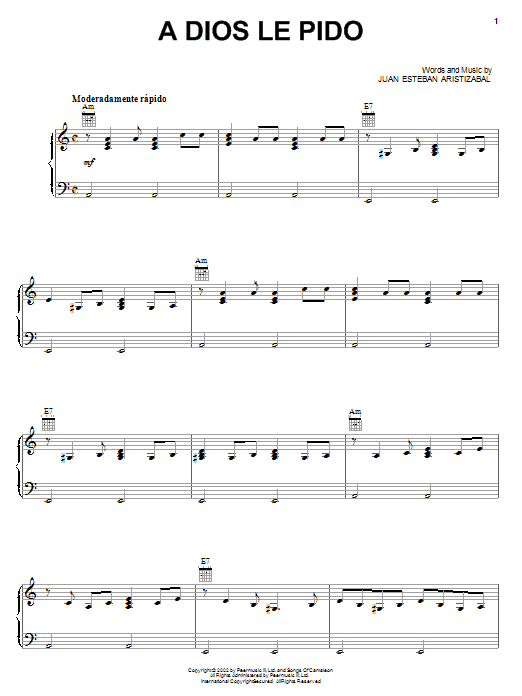 Juanes A Dios Le Pido sheet music notes and chords. Download Printable PDF.