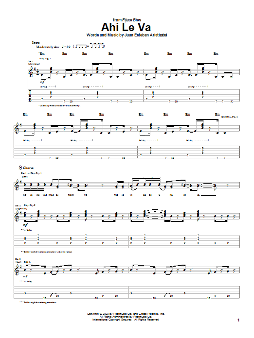 Learn to play Juanes Ahi Le Va sheet music for Guitar Tab in minutes. Price: 7.8900$ Juanes Ahi Le Va sheet music notes and chords arranged for Guitar Tab