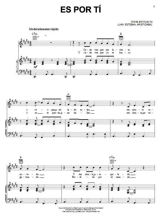 Juanes Es Por Ti sheet music notes and chords. Download Printable PDF.