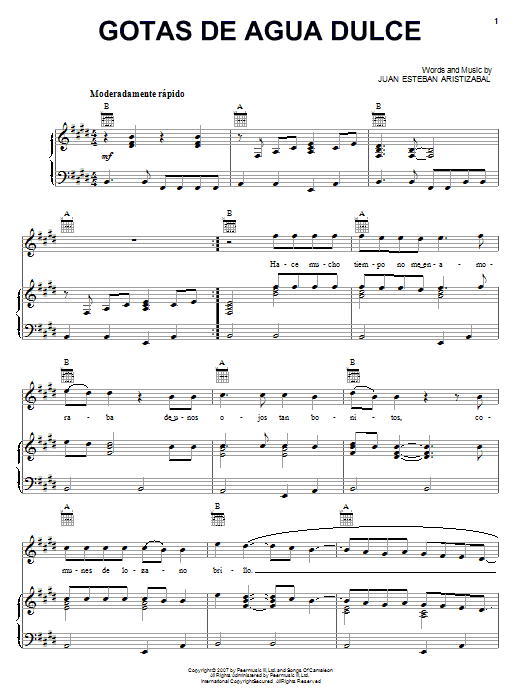Learn to play Juanes Gotas De Agua Dulce sheet music for Piano, Vocal & Guitar Chords (Right-Hand Melody) in minutes. Price: 7.8900$ Juanes Gotas De Agua Dulce sheet music notes and chords arranged for Piano, Vocal & Guitar Chords (Right-Hand Melody)