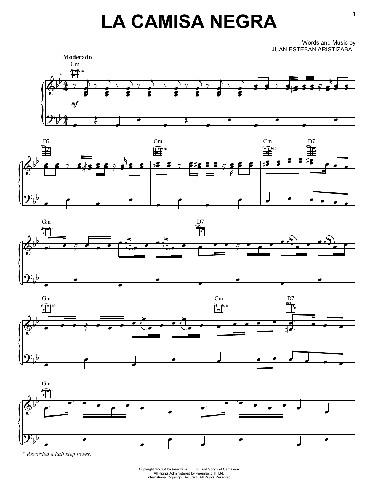 Juanes La Camisa Negra sheet music notes and chords. Download Printable PDF.