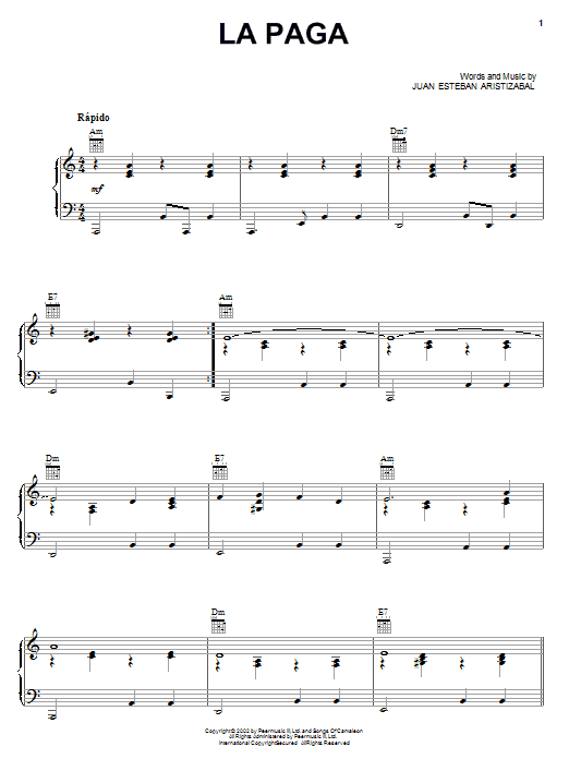 Learn to play Juanes La Paga sheet music for Piano, Vocal & Guitar Chords (Right-Hand Melody) in minutes. Price: 7.8900$ Juanes La Paga sheet music notes and chords arranged for Piano, Vocal & Guitar Chords (Right-Hand Melody)