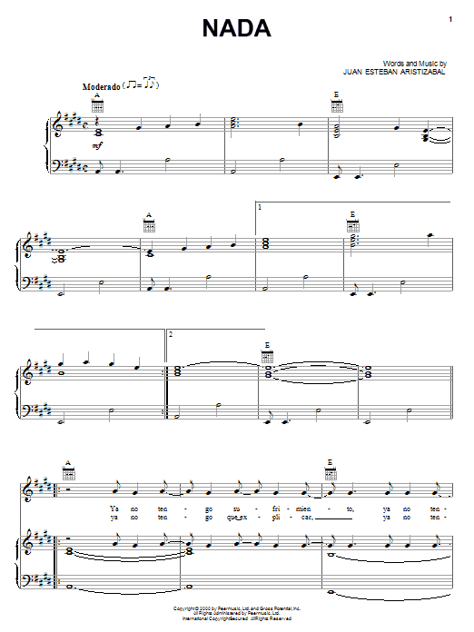 Learn to play Juanes Nada sheet music for Piano, Vocal & Guitar Chords (Right-Hand Melody) in minutes. Price: 7.8900$ Juanes Nada sheet music notes and chords arranged for Piano, Vocal & Guitar Chords (Right-Hand Melody)
