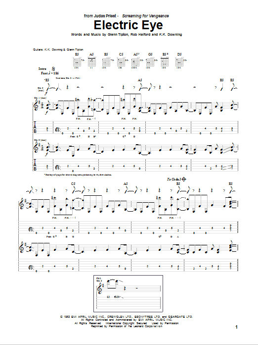 Judas Priest Electric Eye sheet music notes and chords. Download Printable PDF.