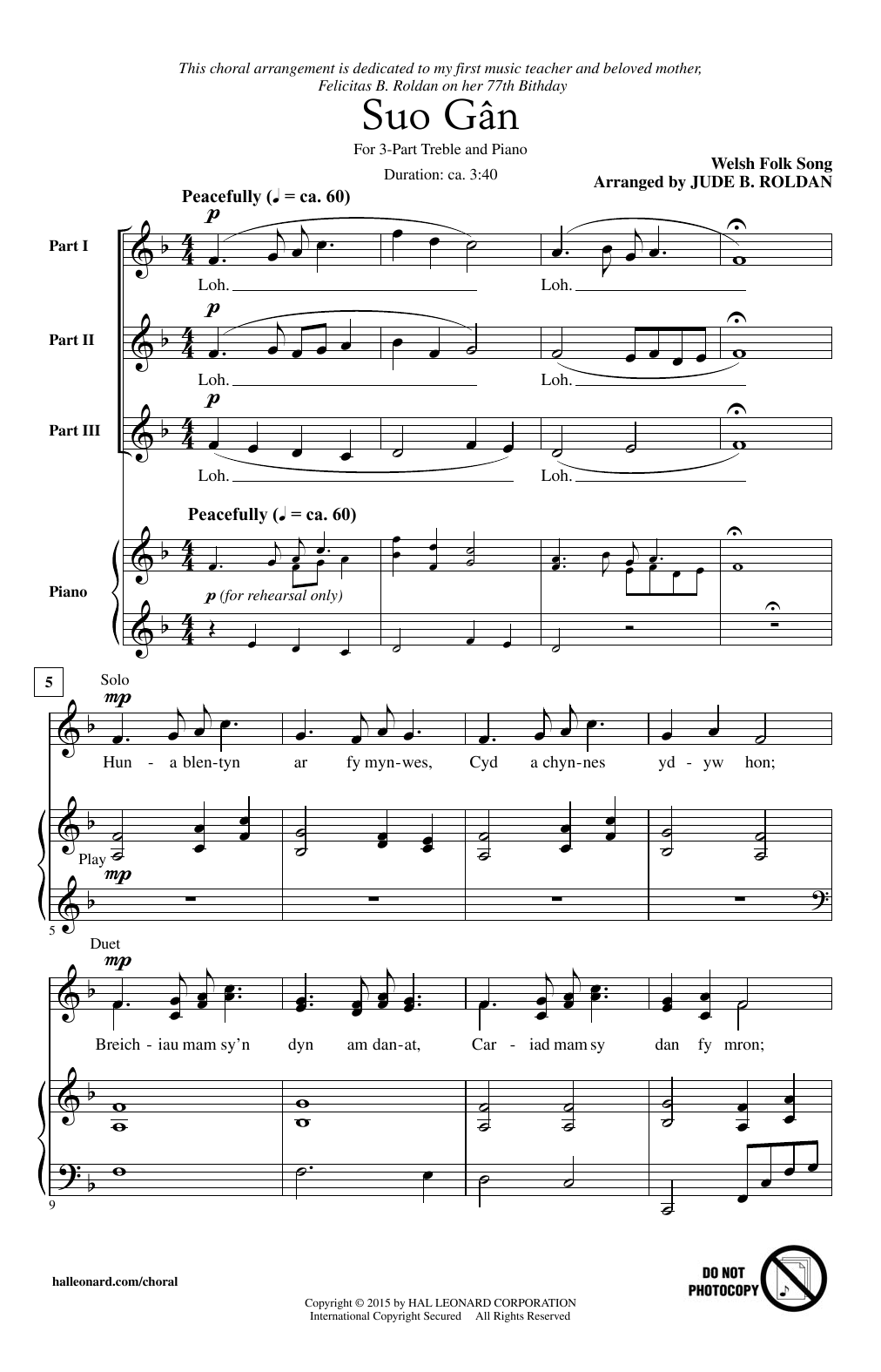 Jude Roldan Suo Gan sheet music notes and chords. Download Printable PDF.