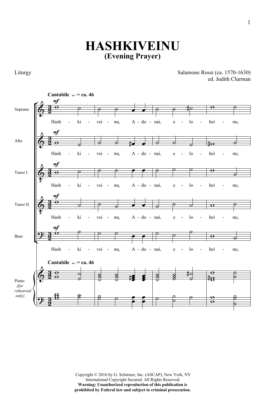 Salamone Rossi Hashkiveinu sheet music notes and chords. Download Printable PDF.