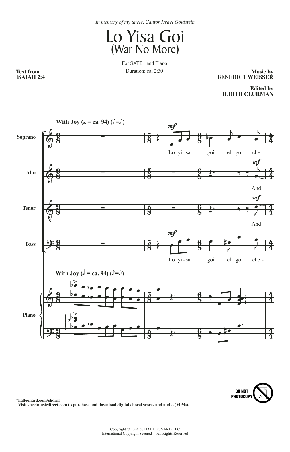 Judith Clurman Lo Yisa Goi sheet music notes and chords. Download Printable PDF.