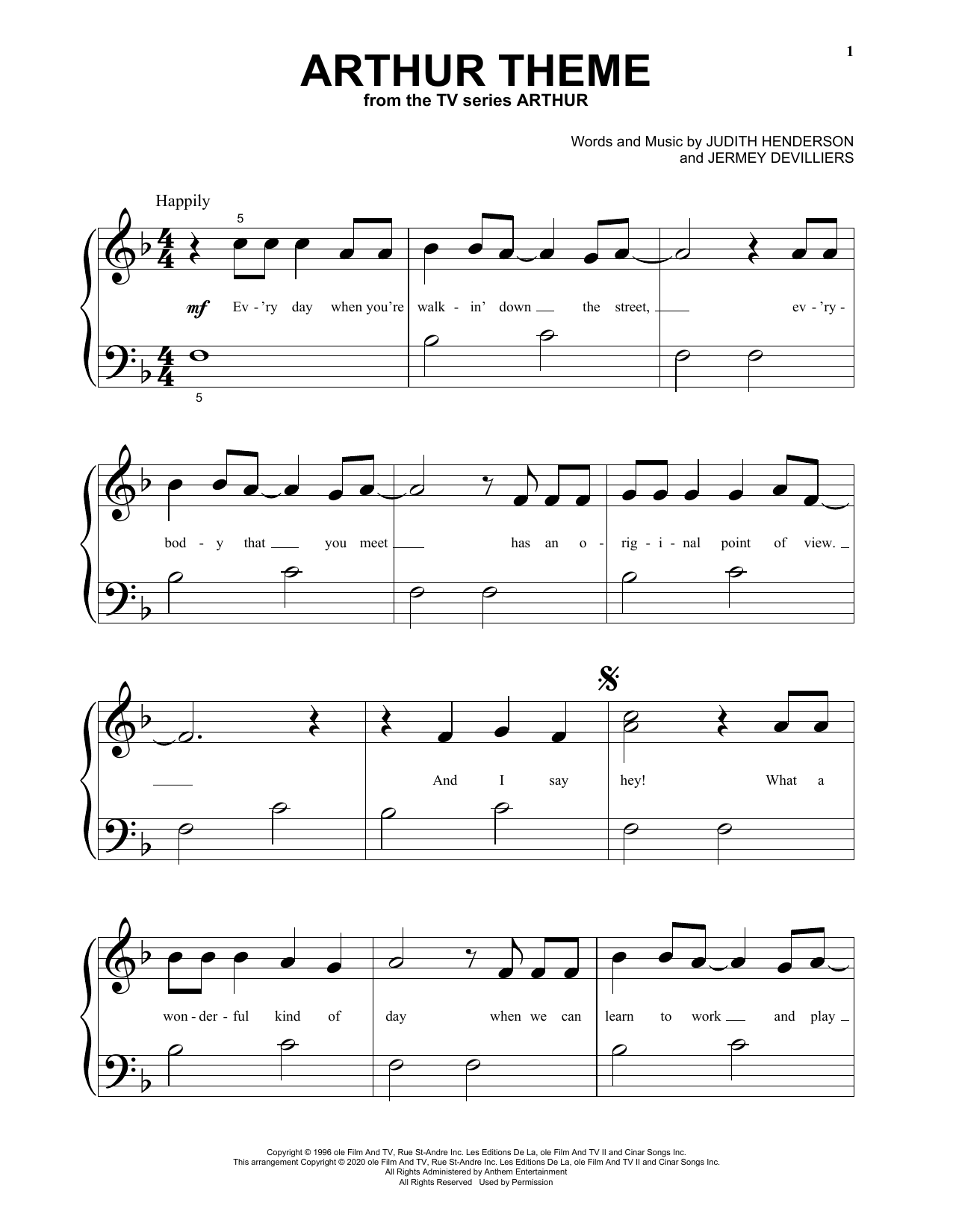 Learn to play Judith Henderson & Jermey Devilliers Arthur Theme sheet music for Beginning Piano Solo in minutes. Price: 6.9900$ Judith Henderson & Jermey Devilliers Arthur Theme sheet music notes and chords arranged for Beginning Piano Solo