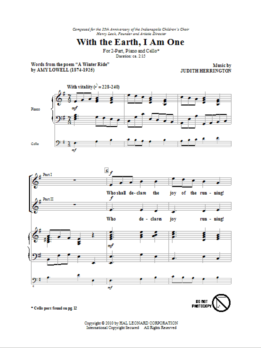 Judith Herrington With The Earth, I Am One sheet music notes and chords. Download Printable PDF.