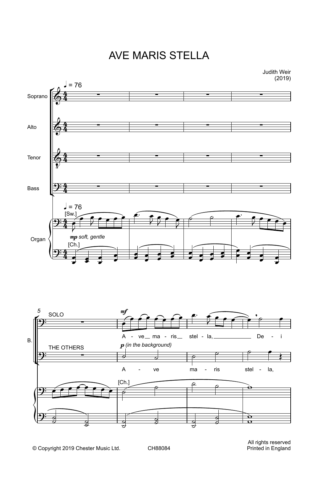 Learn to play Judith Weir Ave Maris Stella sheet music for SATB Choir in minutes. Price: 3.9900$ Judith Weir Ave Maris Stella sheet music notes and chords arranged for SATB Choir
