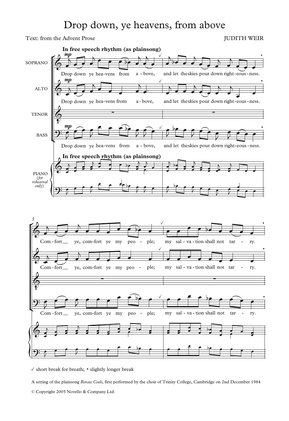 Judith Weir Drop Down Ye Heavens From Above sheet music notes and chords. Download Printable PDF.