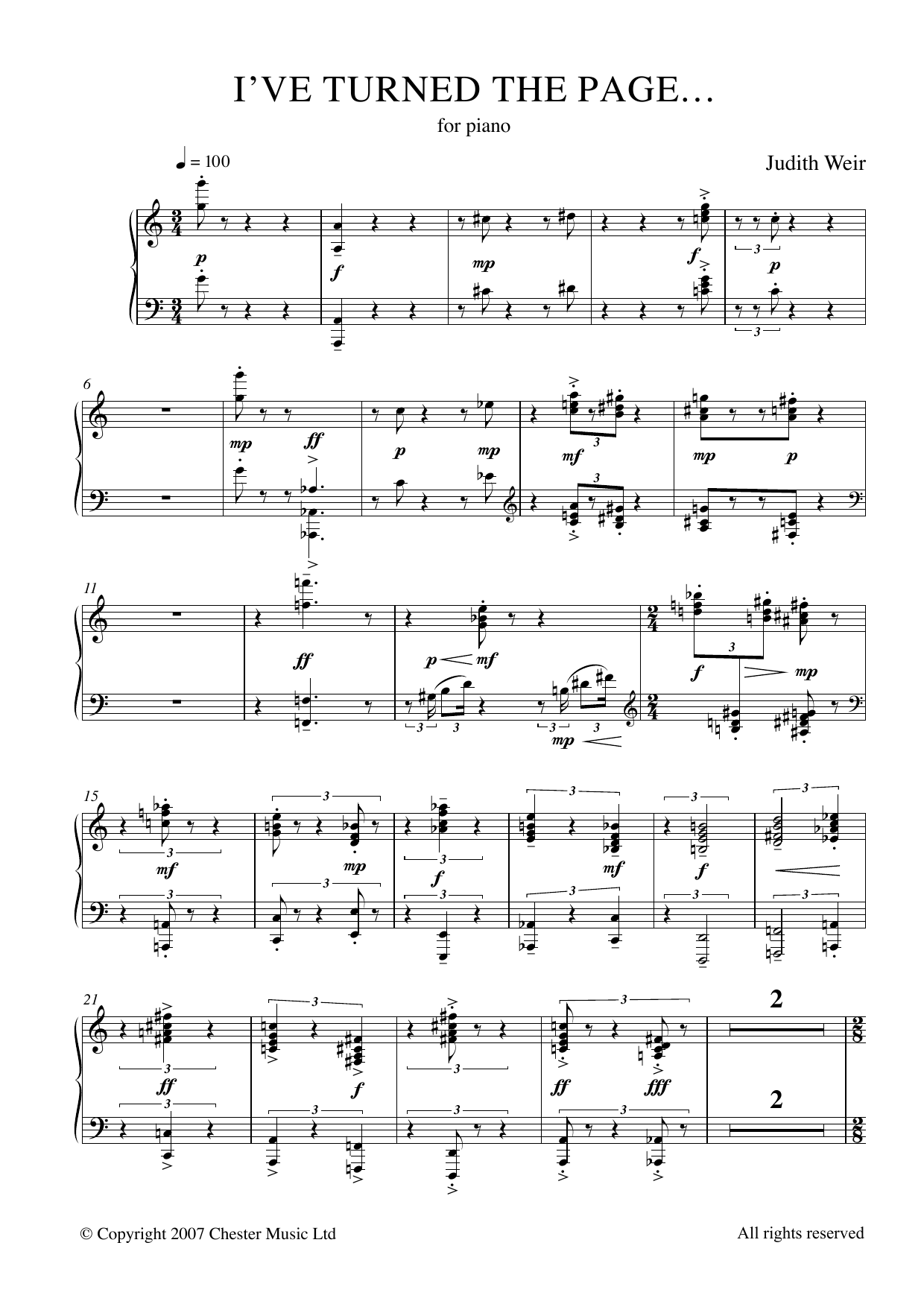 Learn to play Judith Weir I've Turned The Page sheet music for Piano Solo in minutes. Price: 7.8900$ Judith Weir I've Turned The Page sheet music notes and chords arranged for Piano Solo