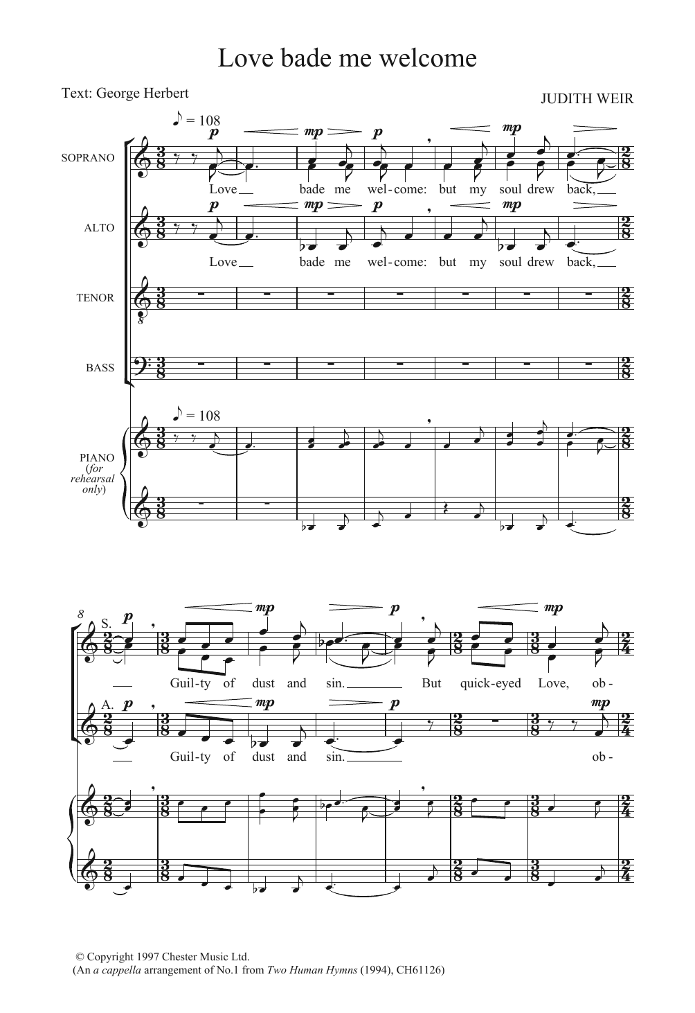 Judith Weir Love Bade Me Welcome sheet music notes and chords. Download Printable PDF.