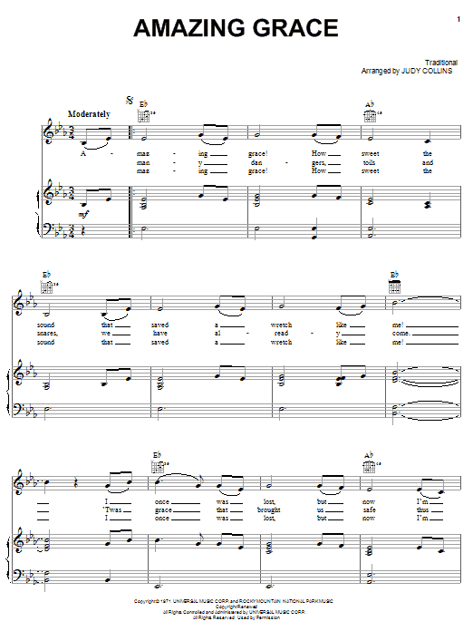 Judy Collins Amazing Grace sheet music notes and chords. Download Printable PDF.