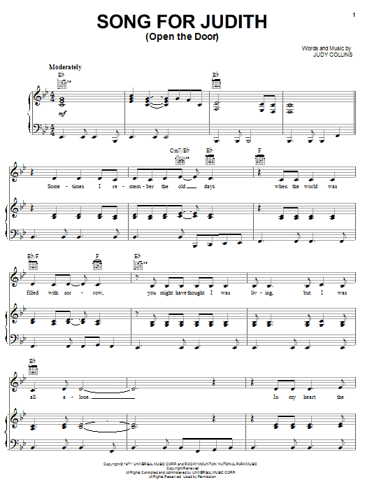 Judy Collins Song For Judith (Open The Door) sheet music notes and chords. Download Printable PDF.