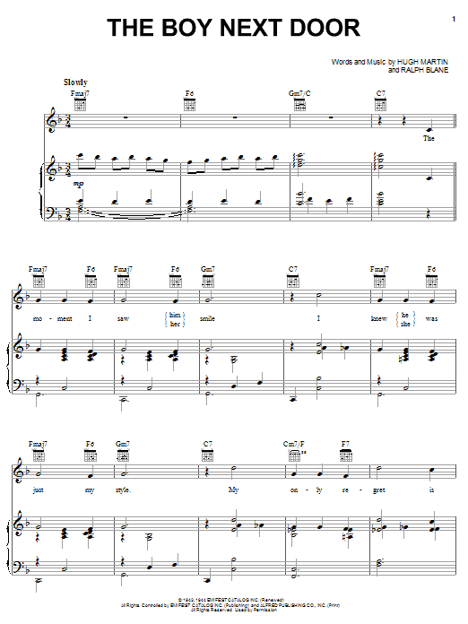 Learn to play Judy Garland The Boy Next Door sheet music for Piano, Vocal & Guitar Chords (Right-Hand Melody) in minutes. Price: 7.8900$ Judy Garland The Boy Next Door sheet music notes and chords arranged for Piano, Vocal & Guitar Chords (Right-Hand Melody)