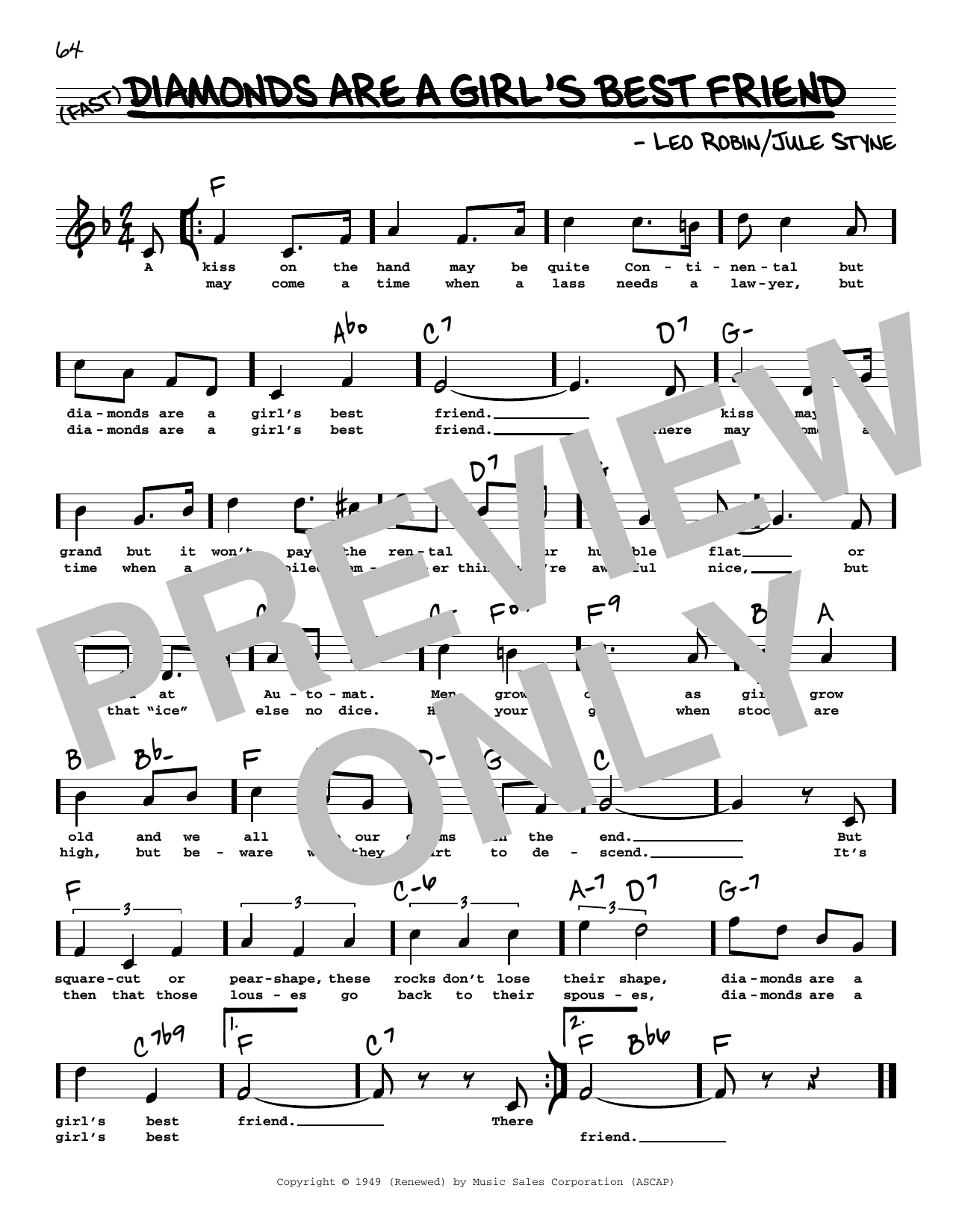 Jule Styne and Leo Robin Diamonds Are A Girl's Best Friend (High Voice) (from Gentlemen Prefer Blondes) sheet music notes and chords. Download Printable PDF.