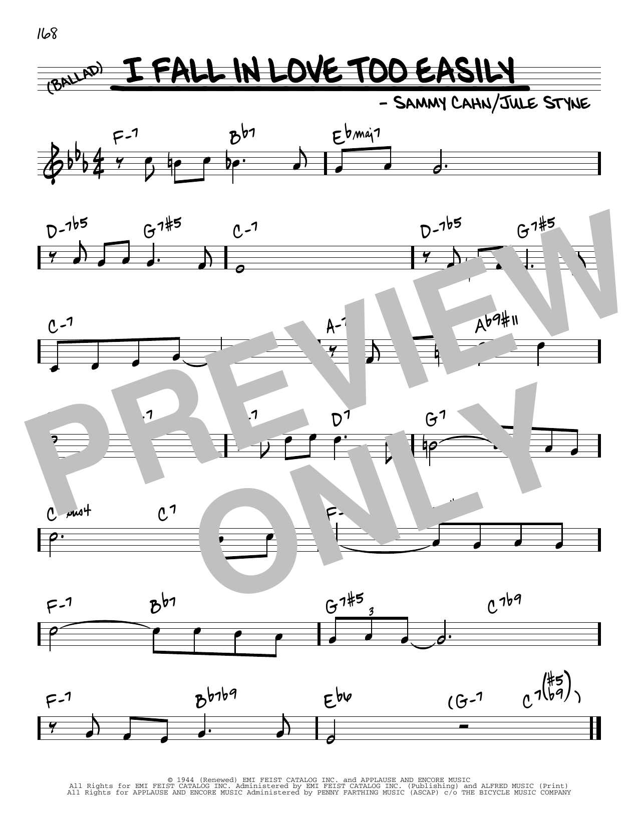 Jule Styne and Sammy Cahn I Fall In Love Too Easily sheet music notes and chords. Download Printable PDF.