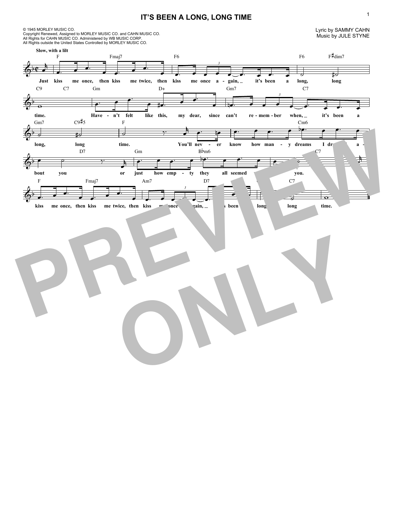 Jule Styne and Sammy Cahn It's Been A Long, Long Time sheet music notes and chords. Download Printable PDF.