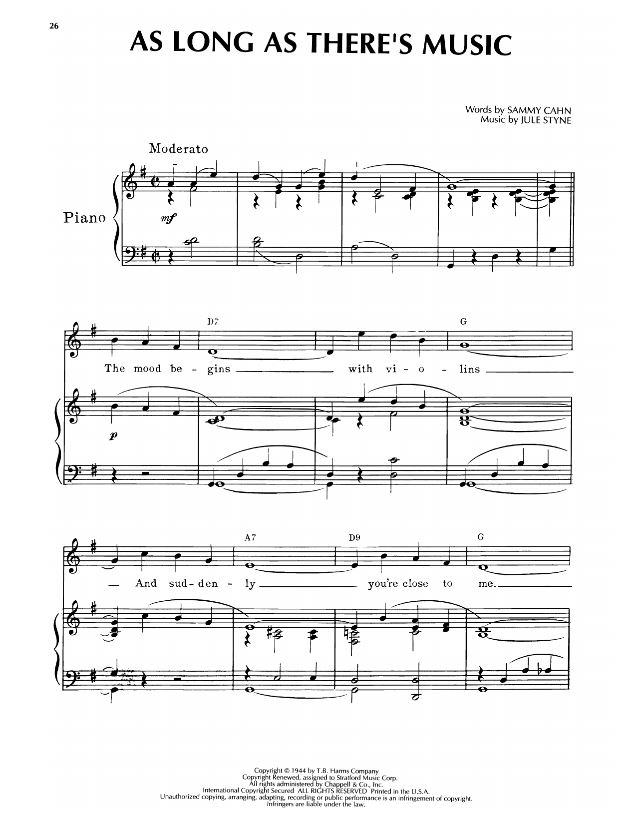 Jule Styne As Long As There's Music (from Step Lively) sheet music notes and chords. Download Printable PDF.