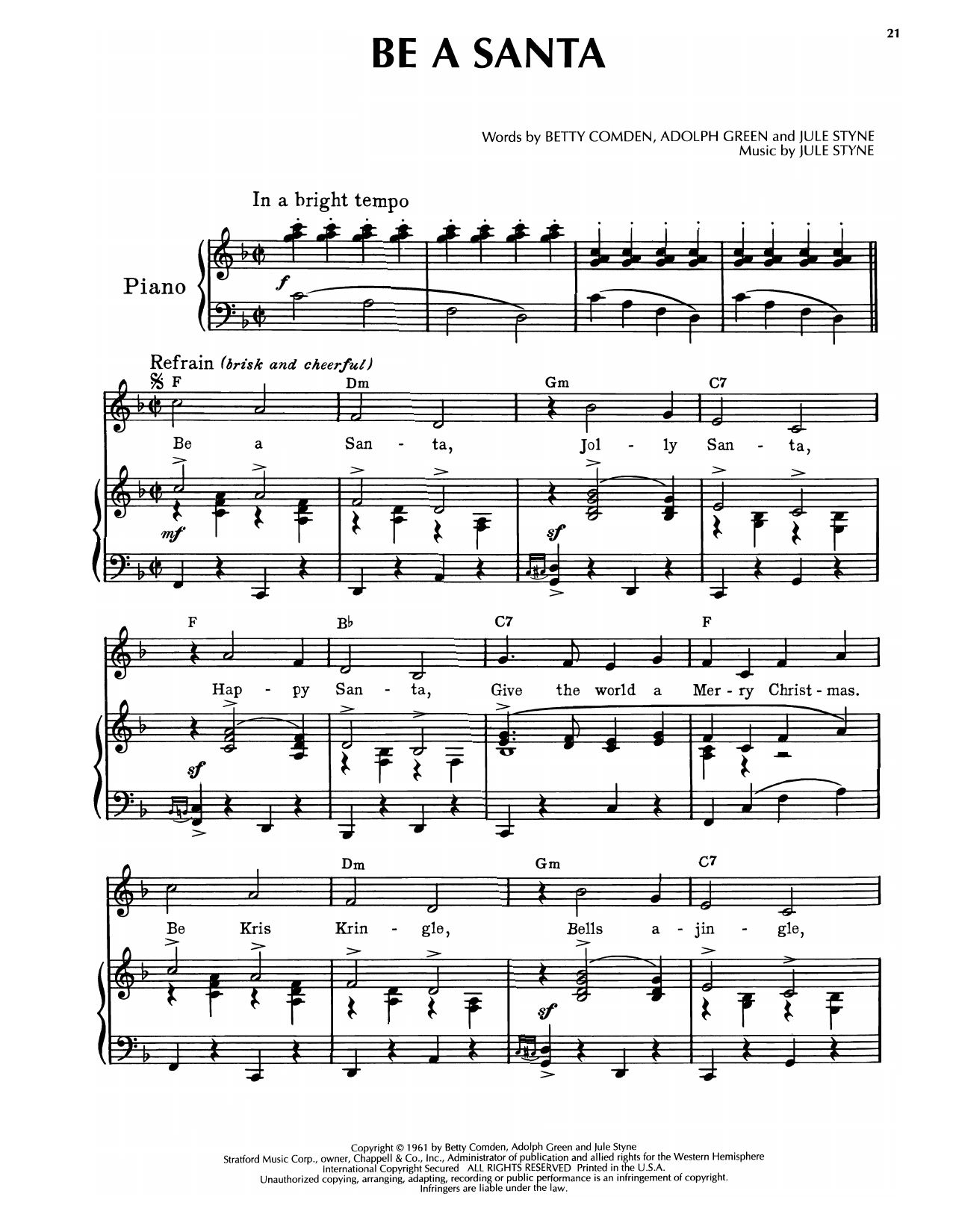 Jule Styne Be A Santa (from Subways Are For Sleeping) sheet music notes and chords. Download Printable PDF.