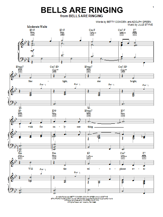 Learn to play Jule Styne Bells Are Ringing sheet music for Piano, Vocal & Guitar Chords (Right-Hand Melody) in minutes. Price: 7.8900$ Jule Styne Bells Are Ringing sheet music notes and chords arranged for Piano, Vocal & Guitar Chords (Right-Hand Melody)
