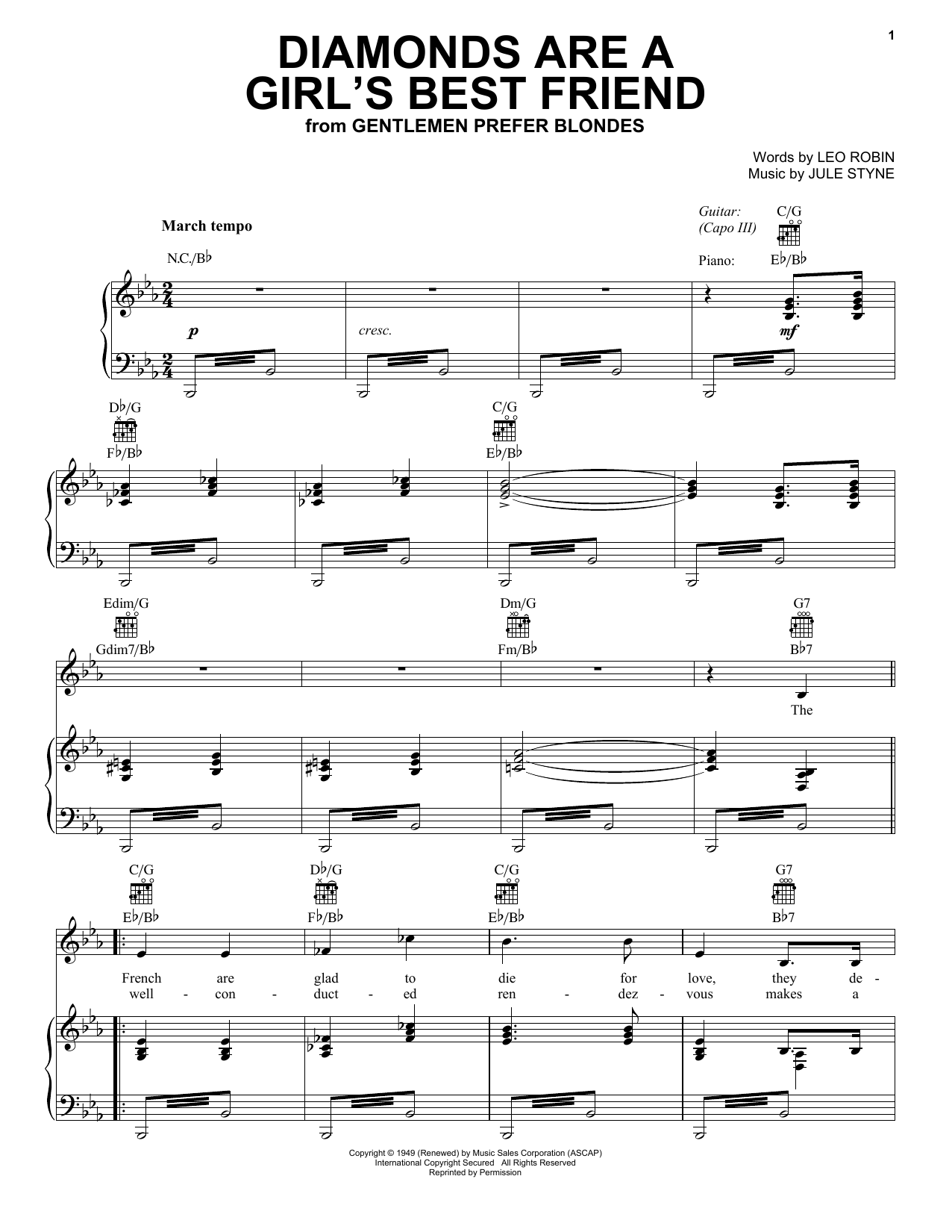 Jule Styne Diamonds Are A Girl's Best Friend (from Gentlemen Prefer Blondes Musical) sheet music notes and chords. Download Printable PDF.