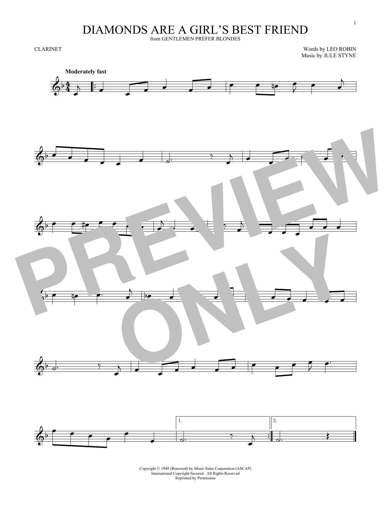 Jule Styne Diamonds Are A Girl's Best Friend sheet music notes and chords arranged for Flute Solo