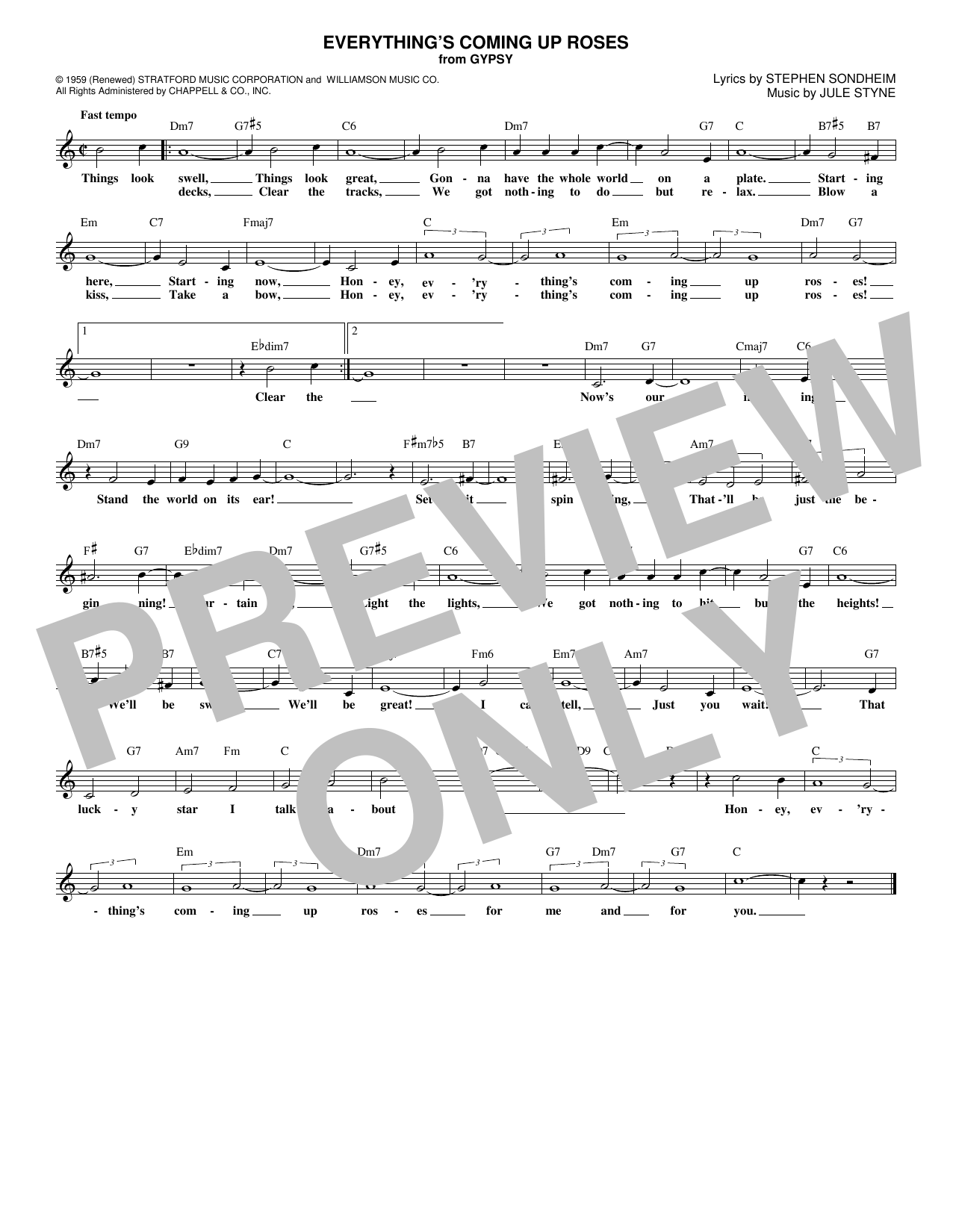 Learn to play Jule Styne Everything's Coming Up Roses sheet music for Lead Sheet / Fake Book in minutes. Price: 5.9900$ Jule Styne Everything's Coming Up Roses sheet music notes and chords arranged for Lead Sheet / Fake Book