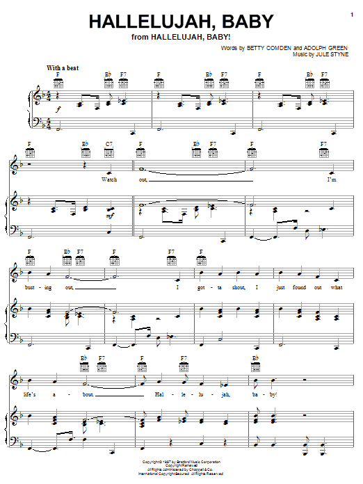 Learn to play Jule Styne Hallelujah, Baby sheet music for Piano, Vocal & Guitar Chords (Right-Hand Melody) in minutes. Price: 7.8900$ Jule Styne Hallelujah, Baby sheet music notes and chords arranged for Piano, Vocal & Guitar Chords (Right-Hand Melody)