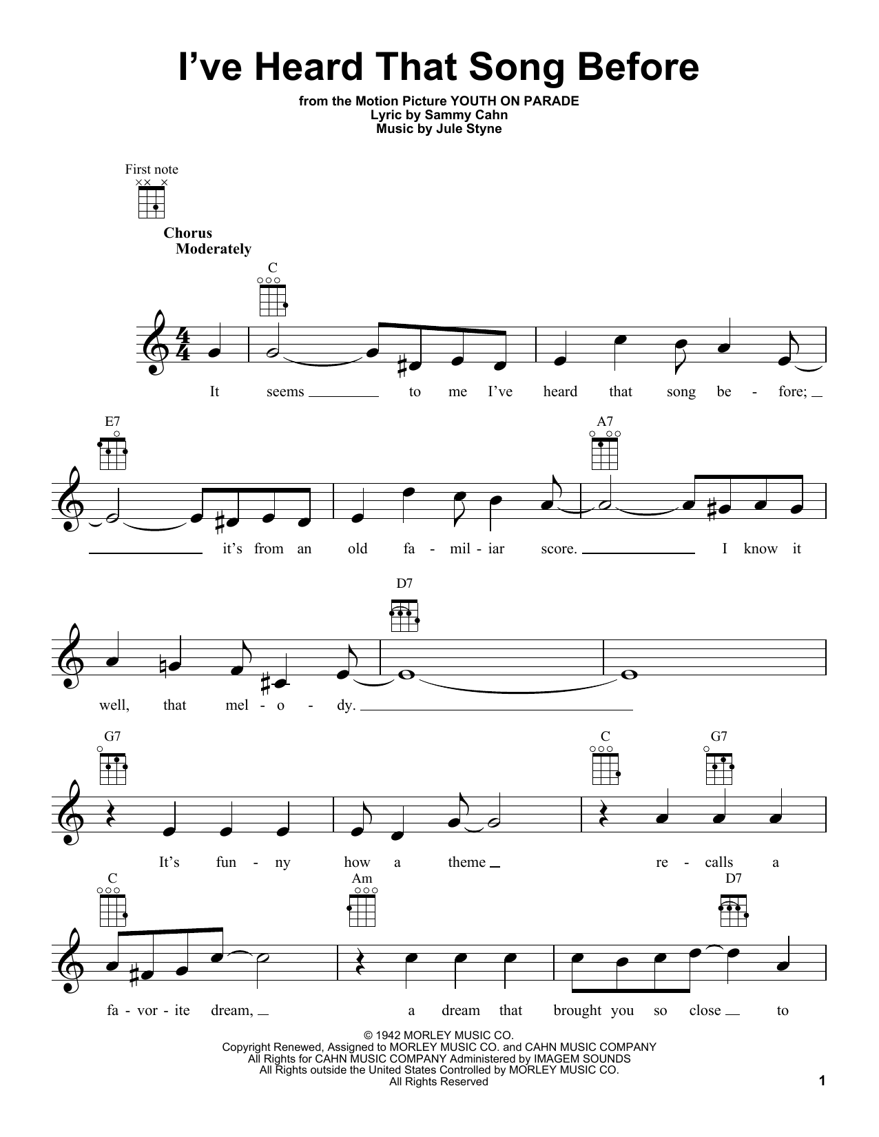 Learn to play Jule Styne I've Heard That Song Before sheet music for Ukulele in minutes. Price: 5.9900$ Jule Styne I've Heard That Song Before sheet music notes and chords arranged for Ukulele