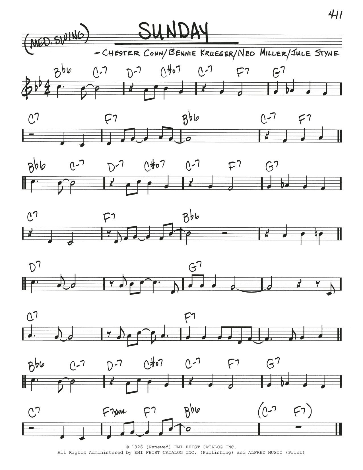 Learn to play Jule Styne Sunday sheet music for Real Book – Melody & Chords in minutes. Price: 5.9900$ Jule Styne Sunday sheet music notes and chords arranged for Real Book – Melody & Chords