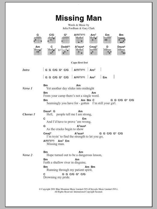 Julia Fordham Missing Man sheet music notes and chords arranged for Guitar Chords/Lyrics