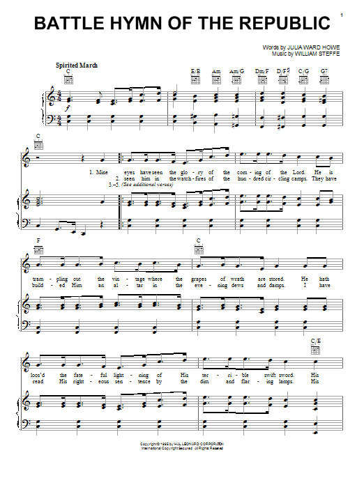 Julia Ward Howe Battle Hymn Of The Republic sheet music notes and chords. Download Printable PDF.