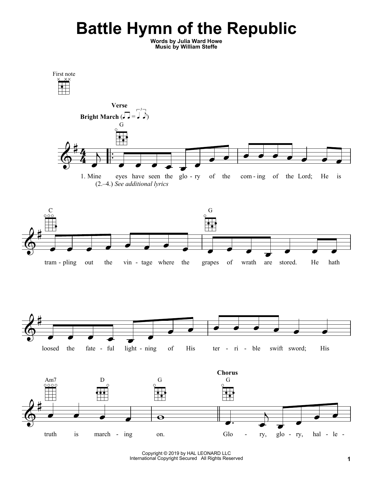 Learn to play Julia Ward Howe & William Steffe Battle Hymn Of The Republic sheet music for Ukulele in minutes. Price: 5.9900$ Julia Ward Howe & William Steffe Battle Hymn Of The Republic sheet music notes and chords arranged for Ukulele