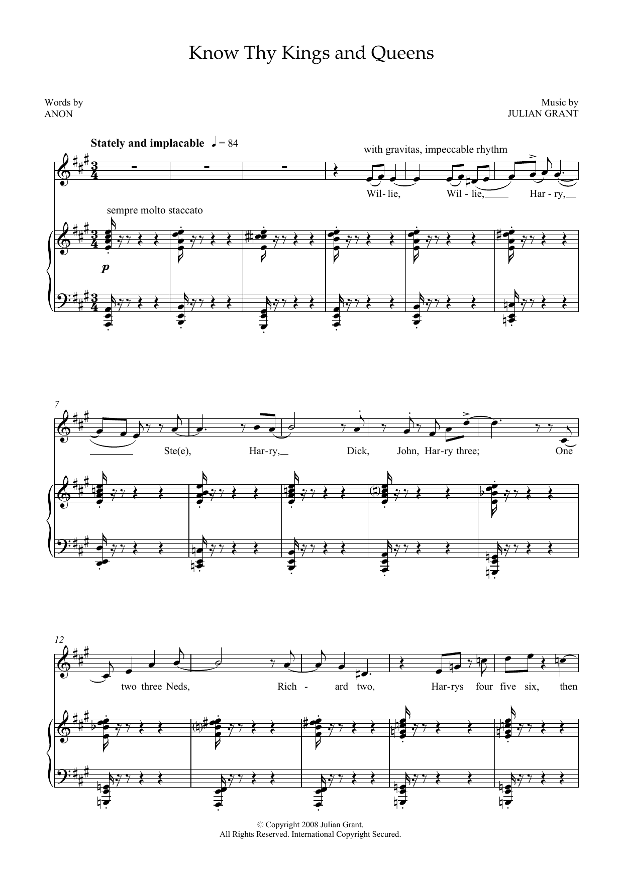 Julian Grant Know Thy Kings and Queens (for mezzo-soprano & piano) sheet music notes and chords arranged for Piano & Vocal